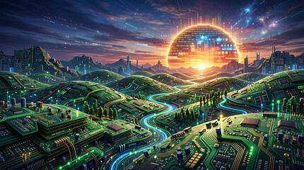 Fototapeta premium Cybernetic Landscape with Circuit Board Hills and Glowing Binary Code Sun in Futuristic World