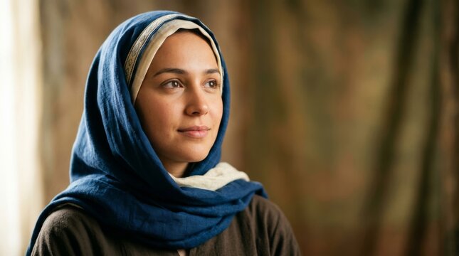 Young woman wearing blue headscarf looking upward with serene expression indoors. Biblical religious concept of faith and prayer. Historical christianity and virgin Mary nativity story