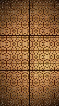 Japanese Kumiko Wood Lattice Backlit Shoji Screen Asanoha Pattern Seamless Loop in deep ebony tones vertical 9:16