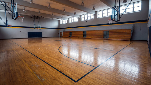 Empty high school gymnasium with polished hardwood court and bleachers
