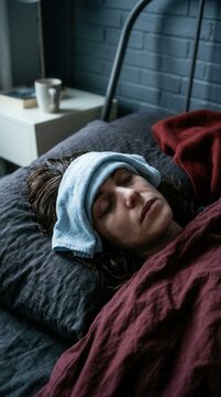 Woman Resting With Cold Compress On Forehead While Sick In Bed