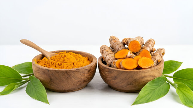 Two wooden bowls one with fresh whole turmeric rhizomes and one with yellow powder slices, fresh green leaves small spoon, natural herbal spice for cooking jamu healthy