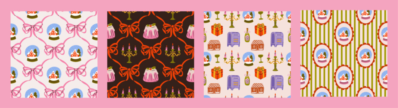 Seamless Christmas doodle pattern with cute hand drawn festive elements: trees, bows, food, and snow. Perfect for fabric, wallpaper, wrapping paper, and cozy winter holiday designs.