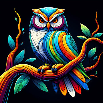 Abstract owl graphic design, papercut style, decorative, poster, print, AI generated.
