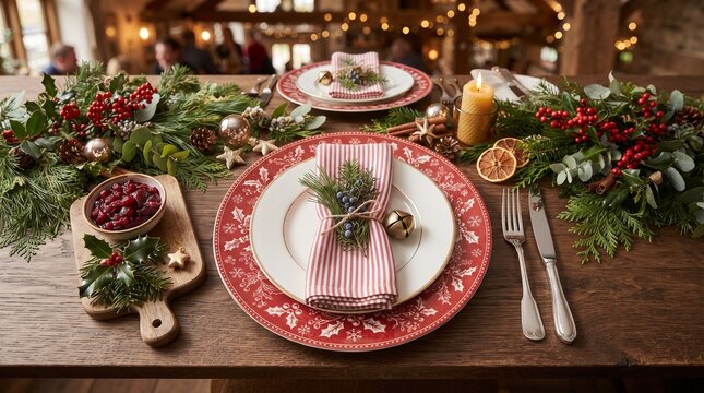 elegant christmas dinner table setup with red charger plate, striped napkin, candle, pine garland and cranberry sauce