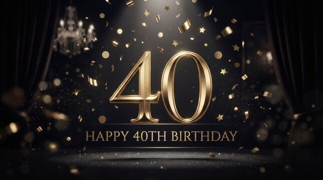 Luxury Happy 40th Birthday Background with Golden 3D Number Forty and Confetti
