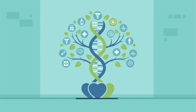 Genetic tree graphic composed of a dna helix trunk with various medical icons representing health and scientific research on blue background.