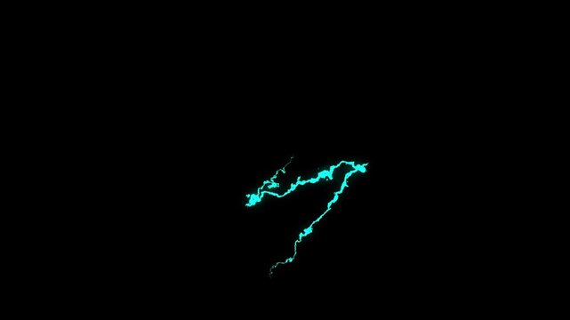 Intense thunderbolt animation crossing a dark storm sky, powerful electric branches, luminous blue flashes, glowing cloud atmosphere and dramatic energy discharge black background, 4k video