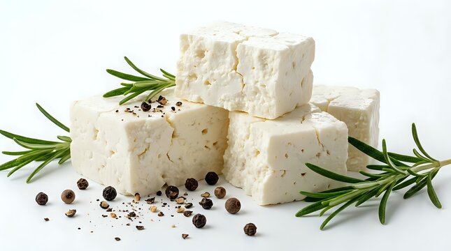 Cubes of fresh feta cheese with rosemary sprigs and black peppercorns