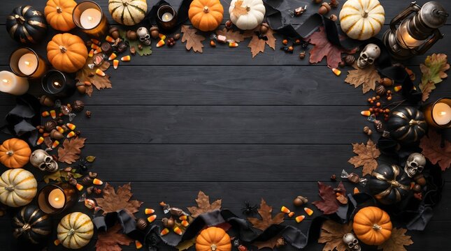 Autumn harvest background featuring a dark chalkboard frame surrounded by assorted pumpkins and colorful fall leaves