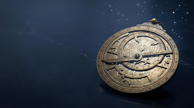 Antique brass astrolabe glowing against starry dark backdrop
