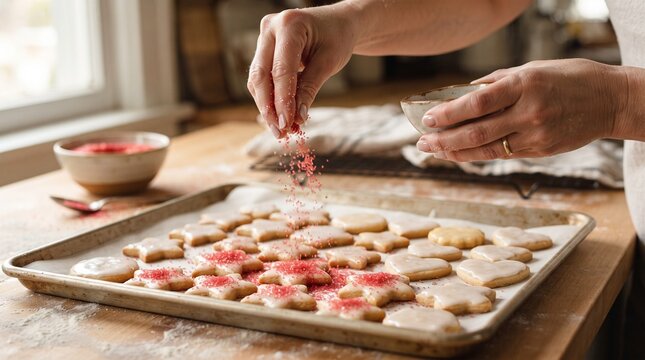 Close-up of hands decorating cookies with red sprinkles in a kitchen