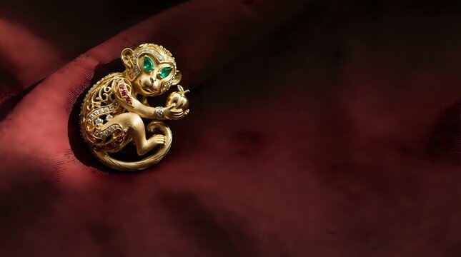Ornate golden foo dog figurine with jade inlay on burgundy fabric