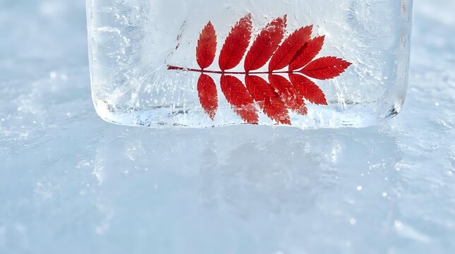Red rowan leaf frozen in ice cube on snowy winter surface