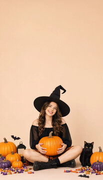 Young smiling woman in witch hat holding pumpkin sitting on floor with black cat and candies