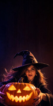 A portrait of a mysterious woman in a classic pointed witch hat holding a large glowing jack-o'-lantern with a sinister grin. Moody purple and orange lighting