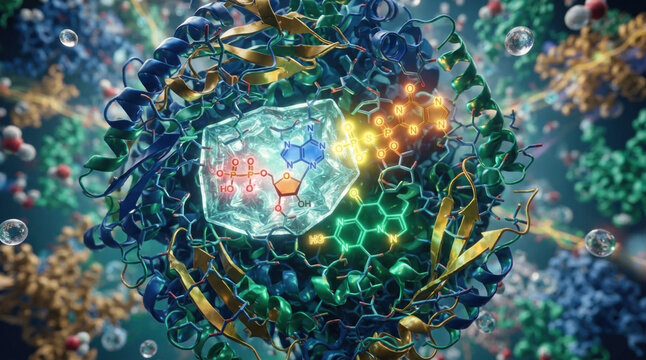 ATP recycling enzyme active site with cofactor rings, phosphate transfer, folded protein surfaces, and ADP recharge in a crystalline bioreactor