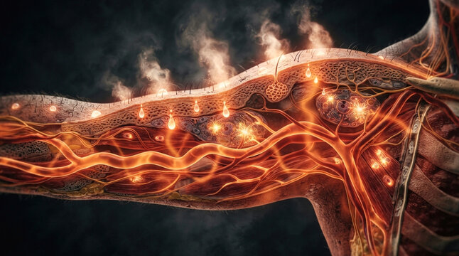 Thermoregulation body cross-section with infrared heat waves, dilated blood vessels, perspiration, and cellular repair signals.