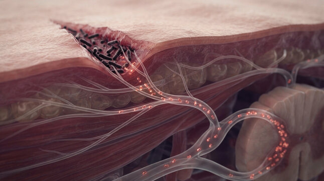 Tetanus infection mechanism showing a skin scratch, clostridium spores, nerve pathways, toxin transport, and spinal cord involvement.