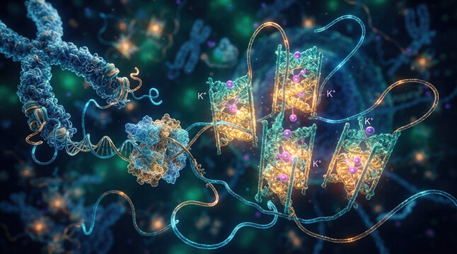 Chromosome segment unfolding into g quadraplex towers with potassium ions, helicases, and single strand overhangs