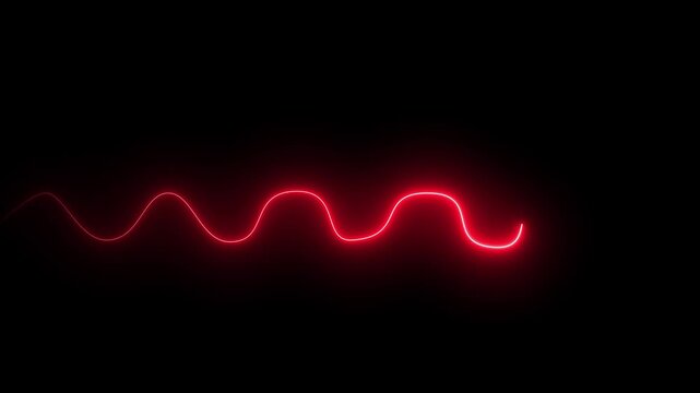 Glowing red neon sine wave animation on black background, abstract digital signal pulse waveform