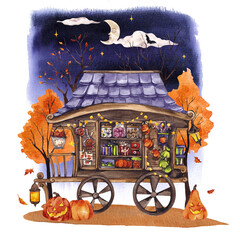 Hand draw watercolor illustration with halloween carnival composition, autumns festival, carousel, cart and tent, scary pumpkins, isolated on white background © марина васильева