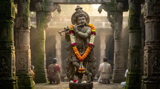 Ancient Stone Statue of Lord Krishna Playing Flute in Temple Courtyard.