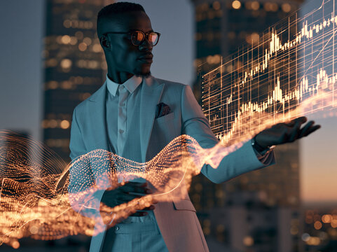 Businessman Analyzing Financial Data Hologram in Modern City at Night