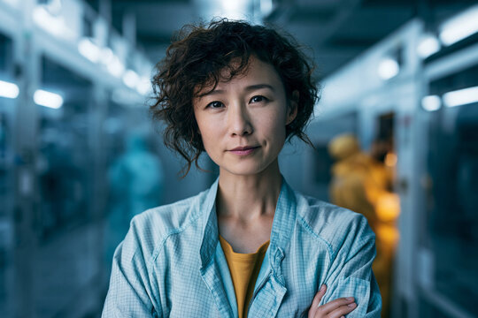 Confident Asian Female Scientist in High-Tech Industrial Facility