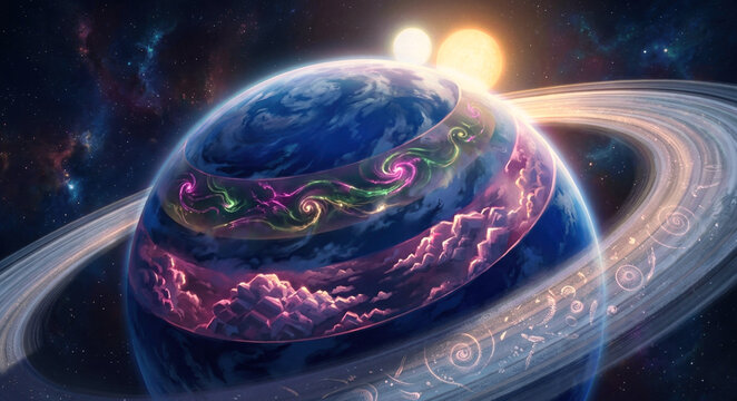 Alien ocean world under twin suns with glowing atmosphere cutaway, biosignature swirls, crystalline clouds, and microfossil tracers in ice rings.
