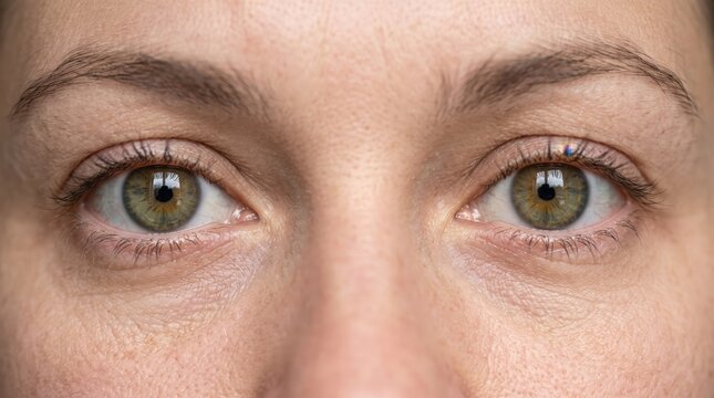 Close up of a woman's green eyes with detailed skin texture and eyebrows