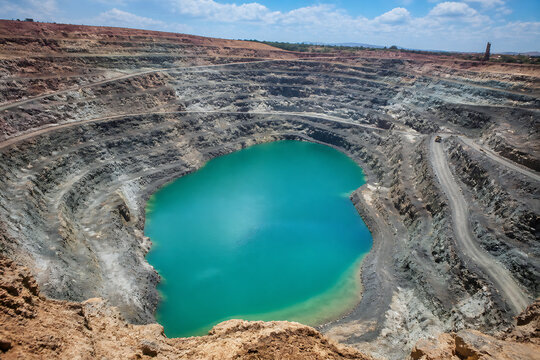 A large open-pit mine with a turquoise body of water in the center, set within rugged, excavated terrain under a blue sky.
