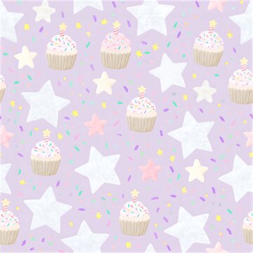Birthday Cupcakes and Stars Seamless Pattern