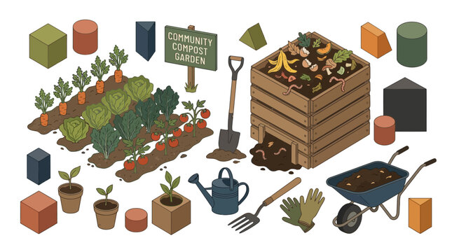 Community garden with compost bin and vegetables