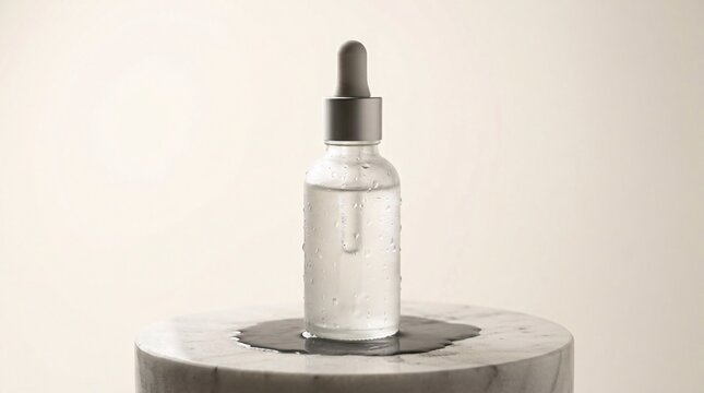 Clear cosmetic serum dropper bottle with water droplets on a wet stone pedestal, showcasing purity and hydration