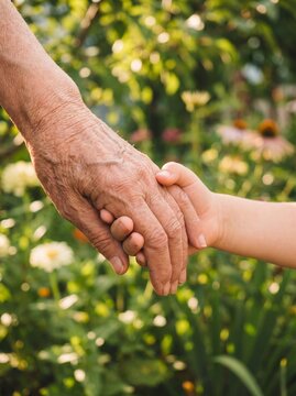 Elderly Grandparent Holding a Child's Hand Outdoors, Symbolizing Family Love and Intergenerational Bond