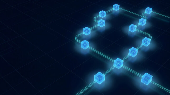 Abstract digital twin technology network with glowing blue cubes representing smart manufacturing data flow blockchain connection and decentralized information system in virtual space.