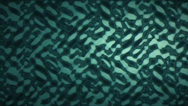 Dark cinematic teal and turquoise morphing gyroid lattice with distorted striped op art styling for seamless loop motion backgrounds, titles, VJ sets, and screensavers.