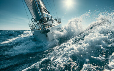 Obraz premium Sleek sailboat races through rough ocean waves. Water splashes high, creating white foam. Bright sun shines on blue sea. Dynamic yacht sailing fast during summer day.