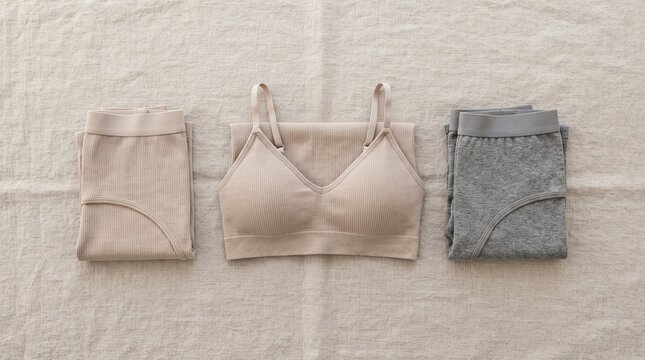 top view flat lay of comfortable beige ribbed bralette top and matching folded underwear panty set on natural linen background