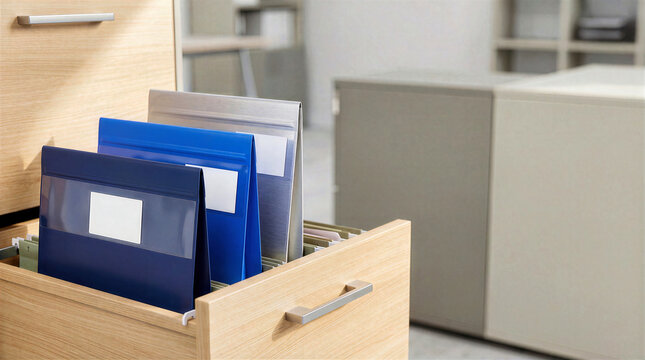 Color coded plastic document pouches and file folders organized in open wooden drawer of file cabinet in modern office. Storage archive system for paper document management and business paperwork