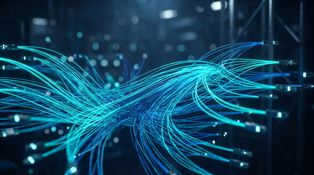 Digital twin technology concept with glowing blue fiber optic cables representing smart manufacturing data flow in high speed network connection for modern industrial automation systems.