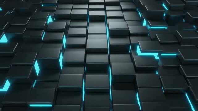 Steel blue cubes lighting up in sequence on a dark background