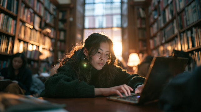 Focused Student Working on Laptop in University Library