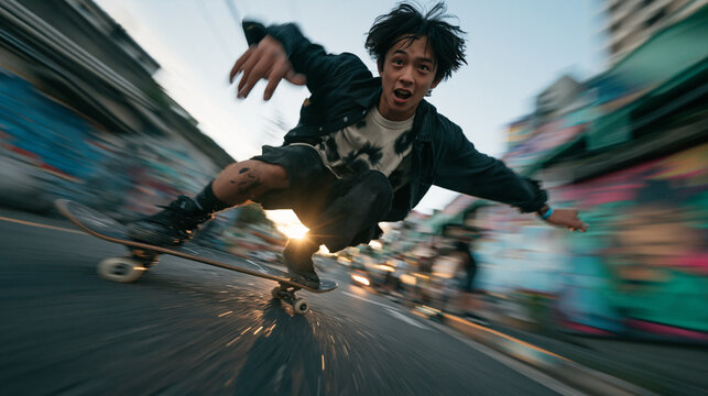 Dynamic Skateboarder Riding Fast on Urban City Street