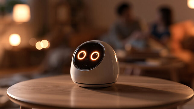 Cute Smart AI Home Assistant Robot on Living Room Table
