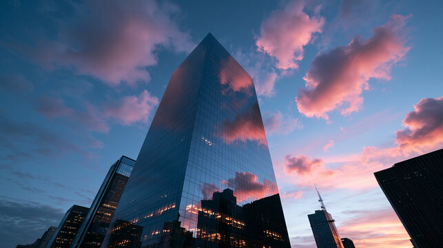 Modern Glass Skyscraper Reflecting Sunset Clouds at Dusk