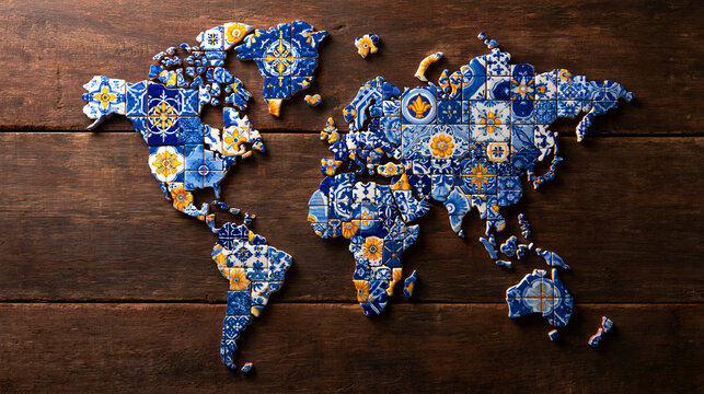 World Map Made of Traditional Ceramic Tiles on Wooden Background