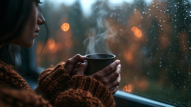 Woman Holding Steaming Cup by Rainy Window in Autumn