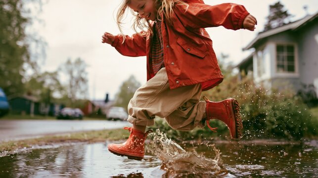 Eight-year-old girl jumps over a puddle in a rain jacket on a spring day in a residential street Generative AI